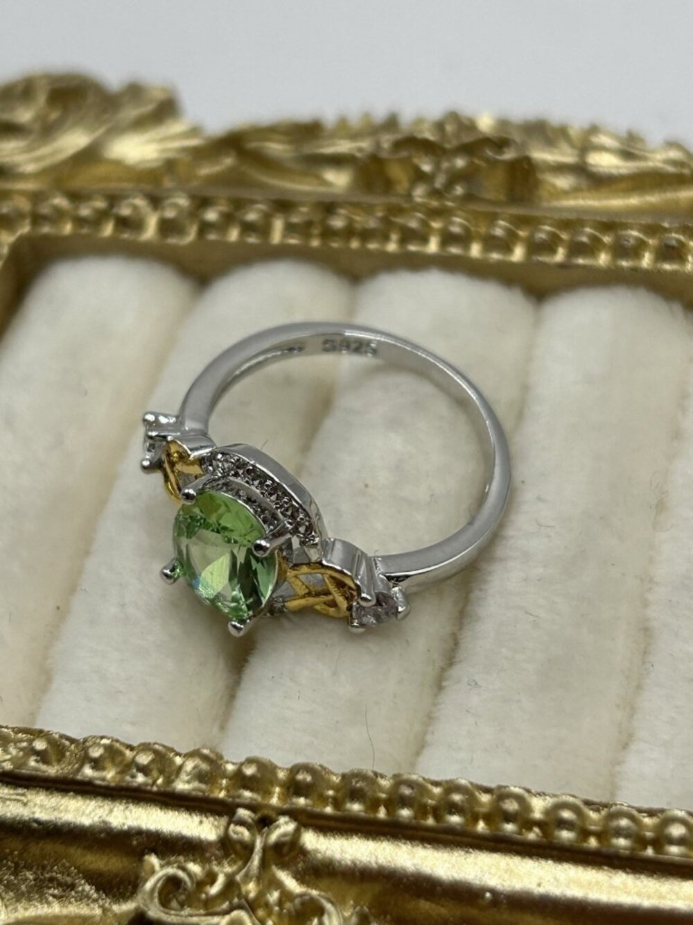 Sterling Silver Ring S925 Green Oval Gemstone w/ Gold Accents & CZ Halo Sz 7 - Picture 8 of 13